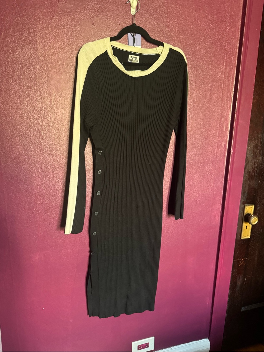 Black and Cream Ribbed Long-Sleeve Knit Dress